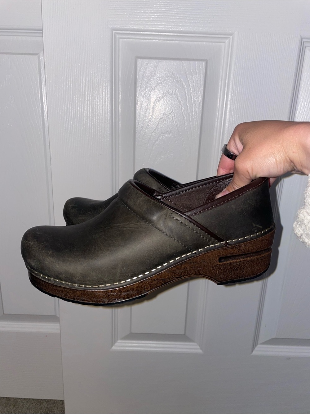 Dark Olive Leather Clogs with Wood-Effect Sole